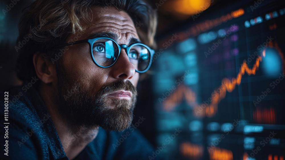 Focused Man Analyzing Data on Screen Focused Man Analyzing Data on Screen