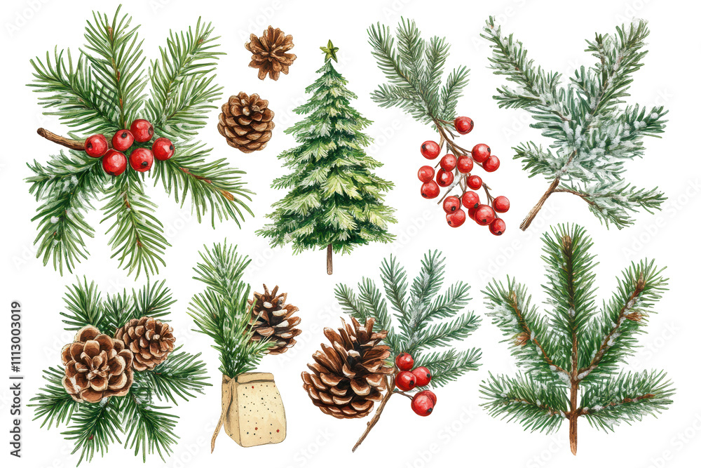 Christmas decorations, Christmas tree branches, cones, viburnum on white background Christmas decorations, Christmas tree branches, cones, viburnum on white background