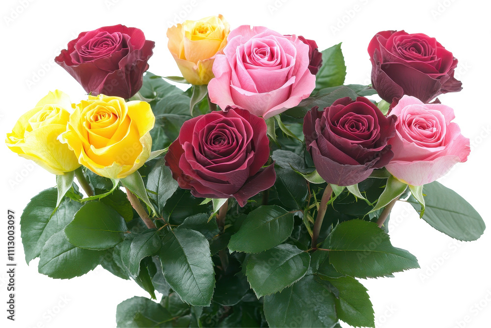 Top view of a bouquet of red, yellow and pink roses