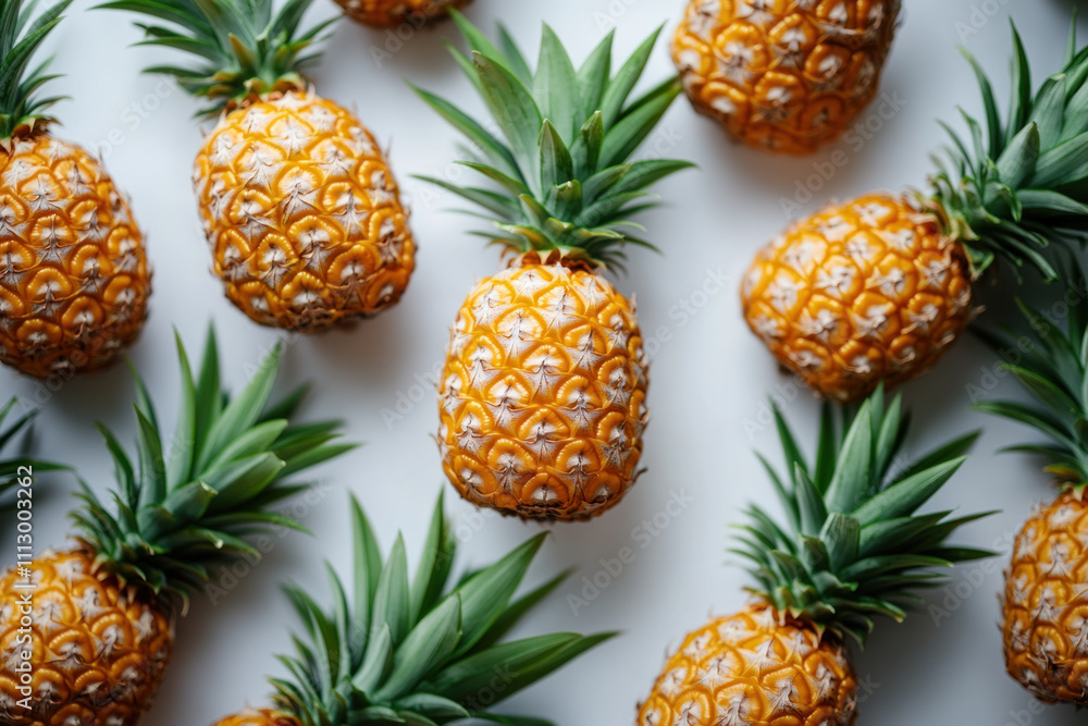 Fototapeta premium Pineapples with white and yellow speckled skin piled on a wooden table at a tropical market.