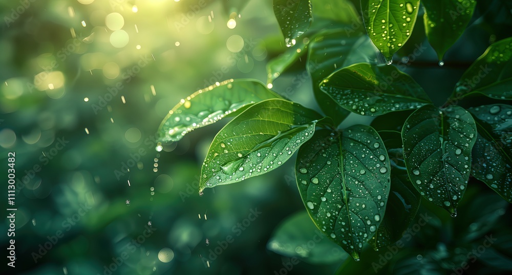 Green leaves of a plant wet with water drops in the rain Green leaves of a plant wet with water drops in the rain
