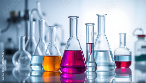 chemical glassware on biotech background isolated with white highlights, png
