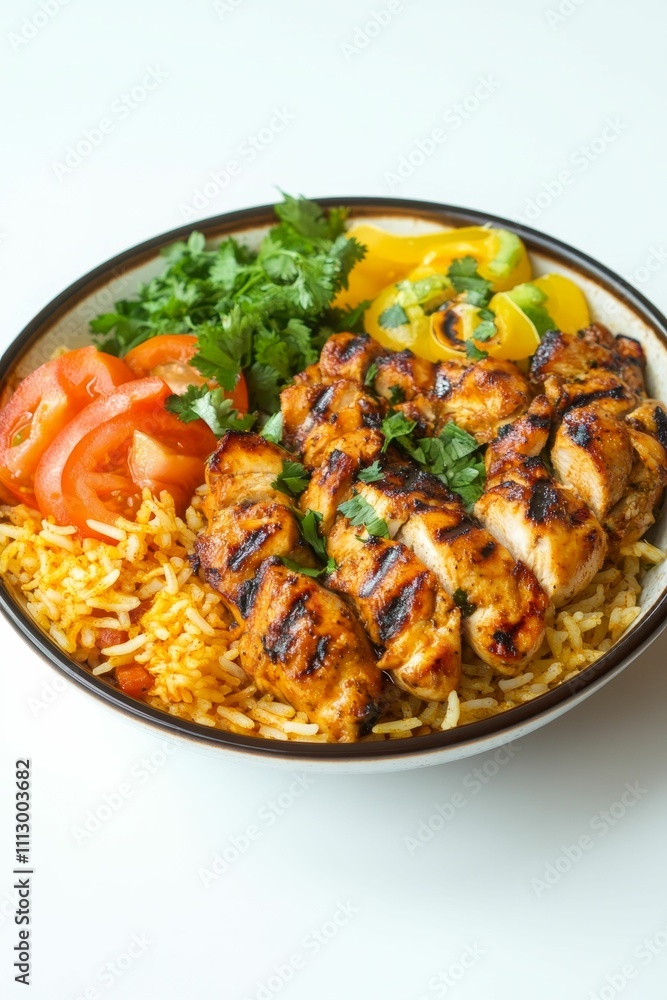 Fototapeta premium Grilled chicken, rice, tomatoes, peppers, herbs in bowl.