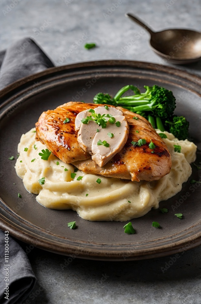 chicken breast in a creamy sauce with mashed potatoes chicken breast in a creamy sauce with mashed potatoes