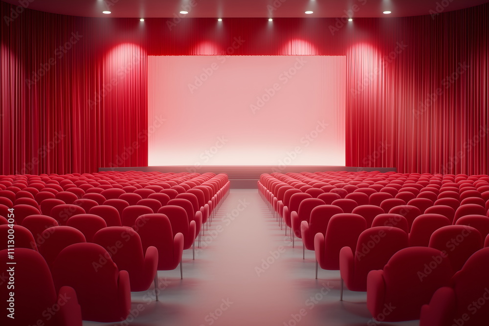 Fototapeta premium An empty cinema hall with plush red seats and a white screen