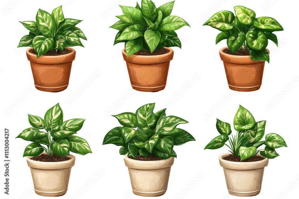 Fototapeta premium Set of potted indoor plants in doodle style