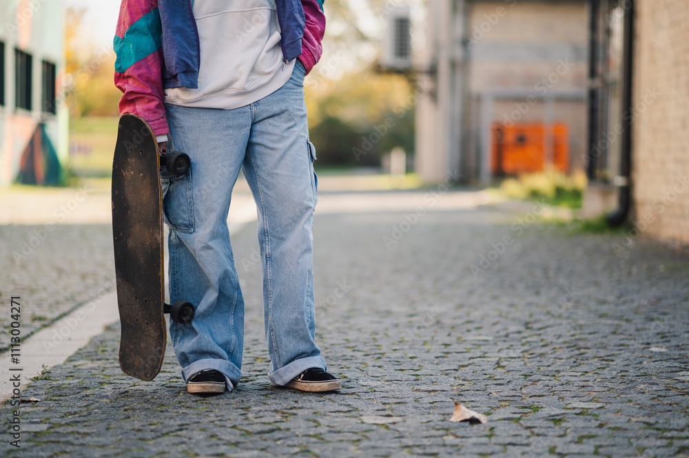 Skater holding skateboard on cobblestone street Skater holding skateboard on cobblestone street