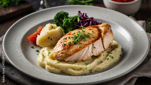 chicken breast in a creamy sauce with mashed potatoes 