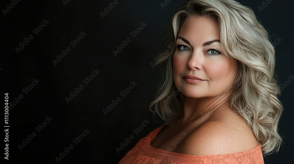 Naklejka premium Mature Woman's Portrait: Shoulder-length blonde hair, peach-colored off-the-shoulder top, dark background.