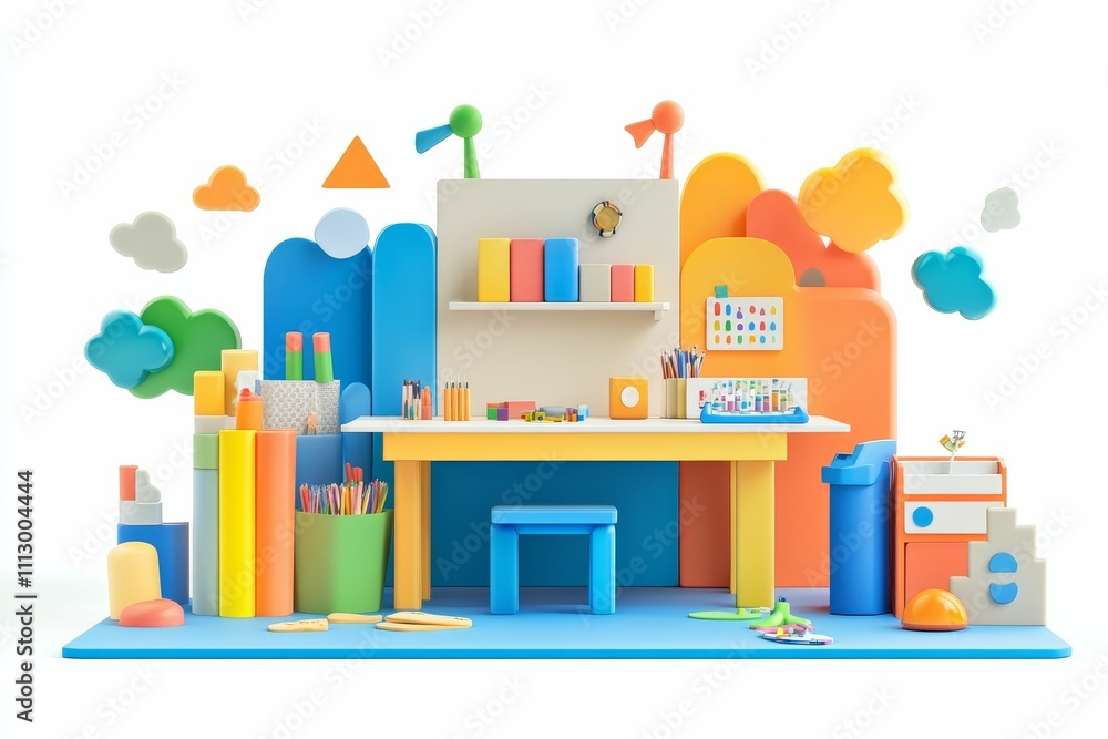 Colorful child's playroom, desk, supplies. Colorful child's playroom, desk, supplies.