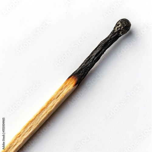 Burnt match on white background closeup photo