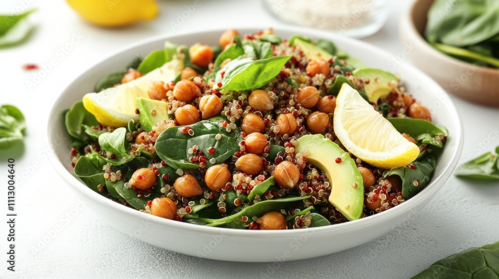 A quinoa salad with avocado, spinach, roasted chickpeas, and lemon wedges on the side, on a clean white surface A quinoa salad with avocado, spinach, roasted chickpeas, and lemon wedges on the side, on a clean white surface