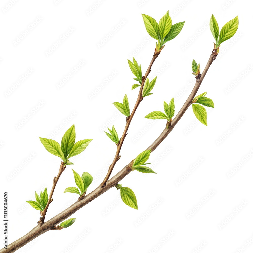 Fototapeta premium Fresh green leaves budding on spring branch