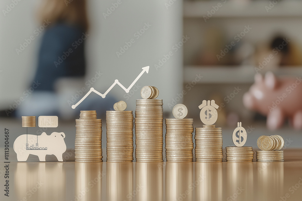 Obraz premium Steigende Münzen und Finanzwachstum in moderner Büroumgebung