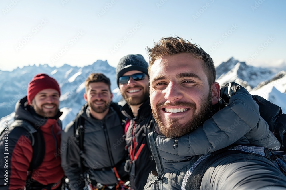 A group of four friends poses together at a mountain peak, basking in the sunlight and celebrating their shared adventure in the stunning natural beauty surrounding them. A group of four friends poses together at a mountain peak, basking in the sunlight and celebrating their shared adventure in the stunning natural beauty surrounding them.