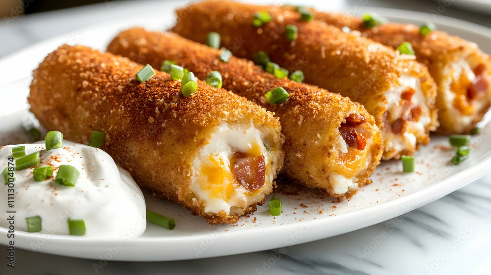 Loaded Baked Potato Croquettes with Bacon and Chive Sour Cream, Bar Food Photography Loaded Baked Potato Croquettes with Bacon and Chive Sour Cream, Bar Food Photography