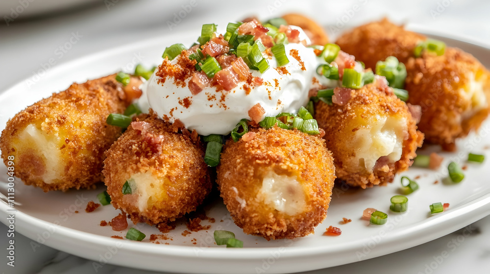 Loaded Baked Potato Croquettes with Bacon and Chive Sour Cream, Bar Food Photography Loaded Baked Potato Croquettes with Bacon and Chive Sour Cream, Bar Food Photography