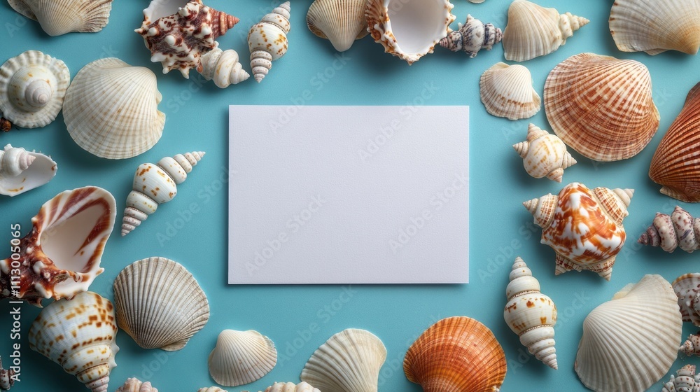 A collection of various seashells encircles a blank card on a vibrant blue surface. This setup is ideal for crafting or sending personalized messages A collection of various seashells encircles a blank card on a vibrant blue surface. This setup is ideal for crafting or sending personalized messages