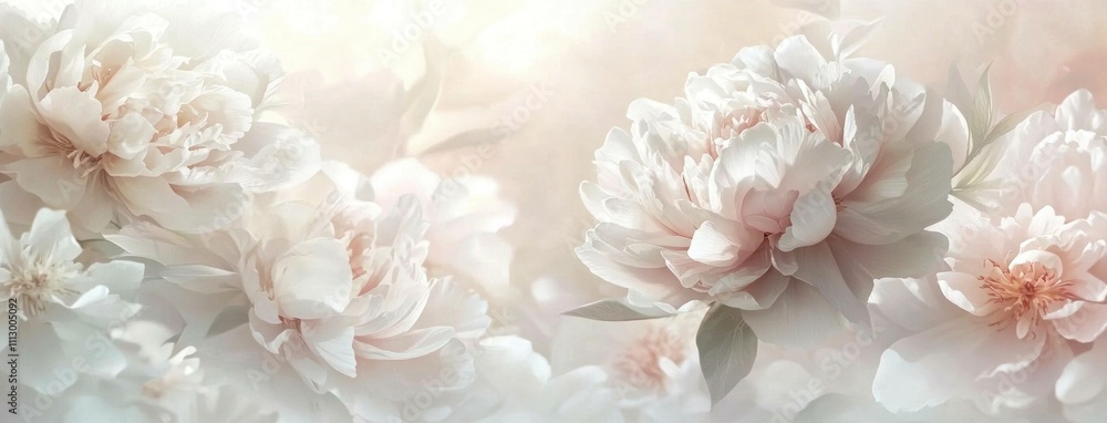 Soft and delicate white peonies blooming beautifully, creating an elegant and romantic atmosphere with a light, pastel background. Floral design concept. Soft and delicate white peonies blooming beautifully, creating an elegant and romantic atmosphere with a light, pastel background. Floral design concept.