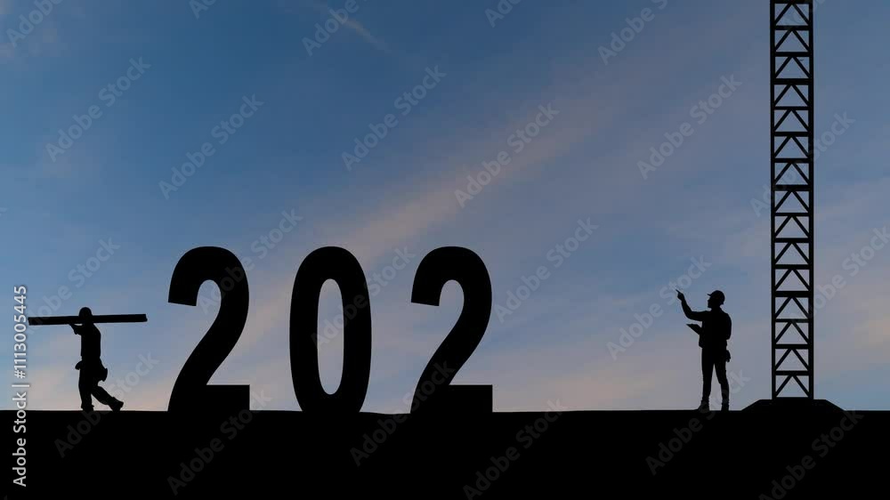 2024 to 2025 Year number with cranes while engineers working together in construction site with moving clouds background. Shot in 4k animation time lapse. New Yearn concept for Business Goals. 2024 to 2025 Year number with cranes while engineers working together in construction site with moving clouds background. Shot in 4k animation time lapse. New Yearn concept for Business Goals.