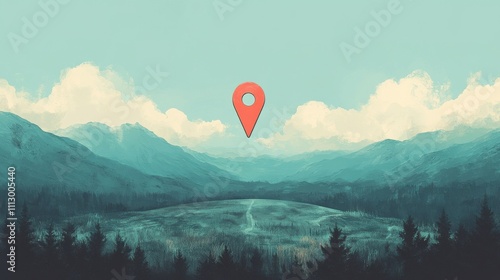 A whimsical illustration of a location pin floating above a scenic view, inviting wanderlust.