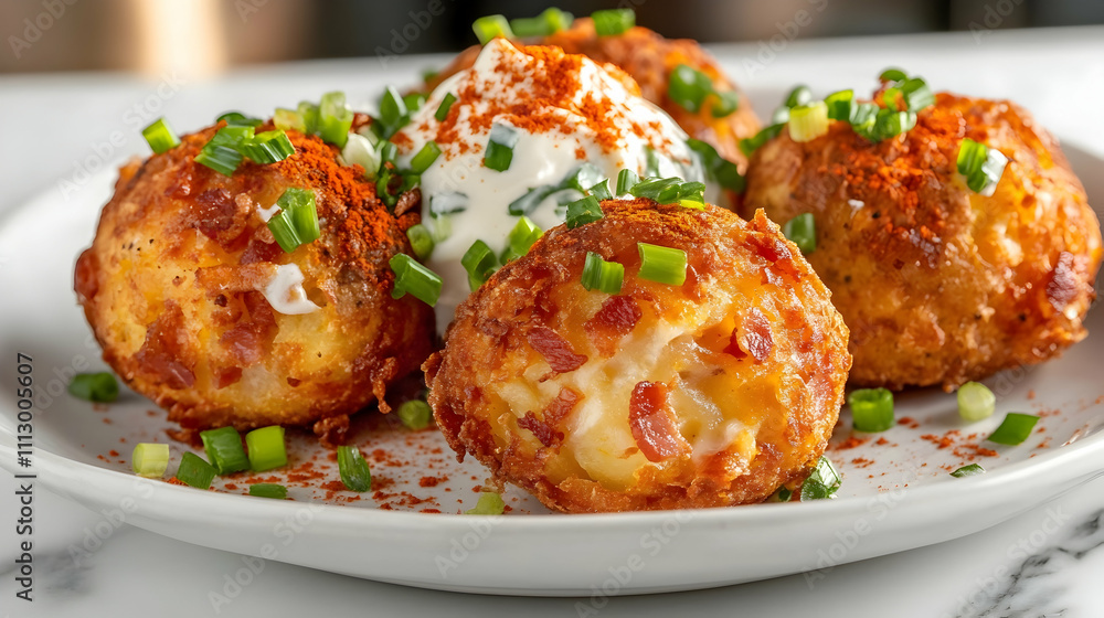 Loaded Baked Potato Croquettes with Bacon and Chive Sour Cream, Bar Food Photography Loaded Baked Potato Croquettes with Bacon and Chive Sour Cream, Bar Food Photography