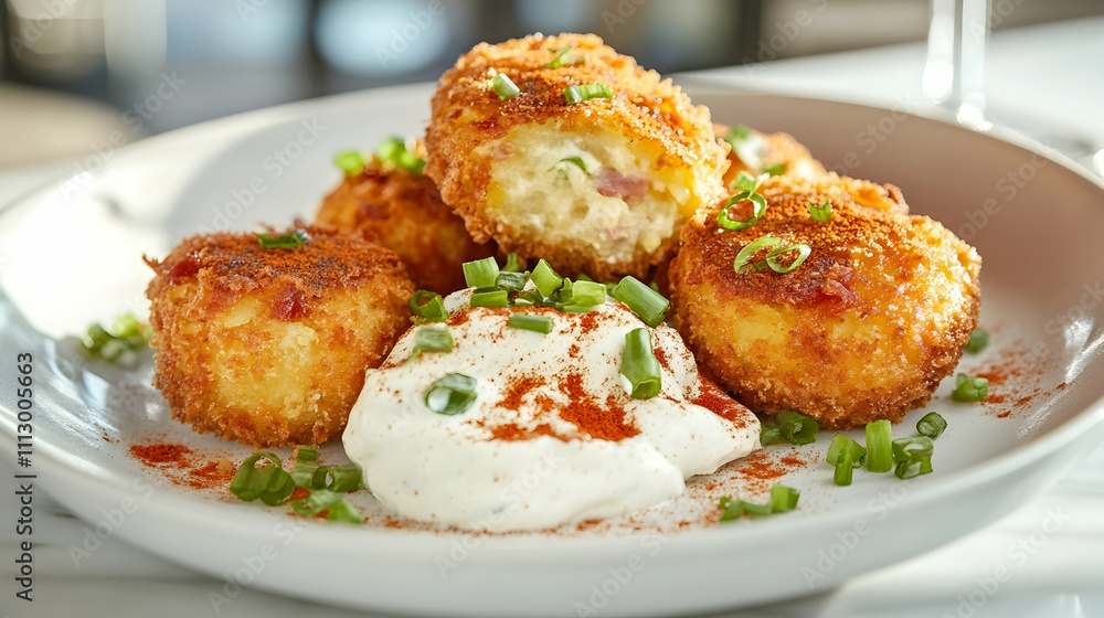 Loaded Baked Potato Croquettes with Bacon and Chive Sour Cream, Bar Food Photography Loaded Baked Potato Croquettes with Bacon and Chive Sour Cream, Bar Food Photography