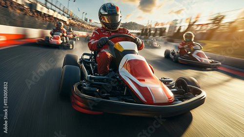 A dynamic go-kart race unfolds on an outdoor track as competitors in red racing suits accelerate toward the finish line during sunset. The atmosphere is filled with adrenaline