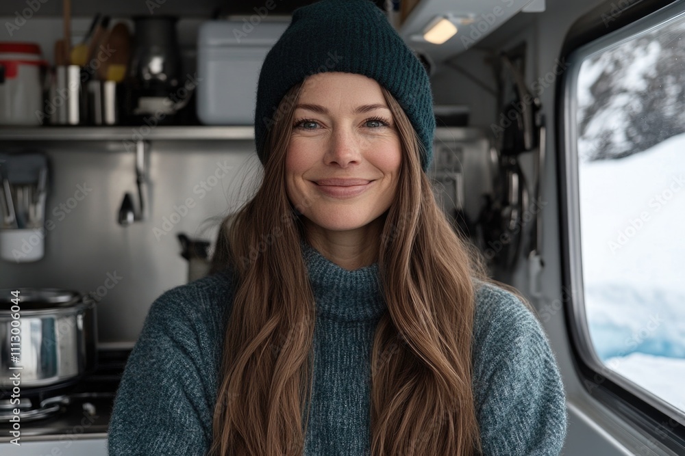 Smiling young caucasian female in cozy camper kitchen on winter day Smiling young caucasian female in cozy camper kitchen on winter day