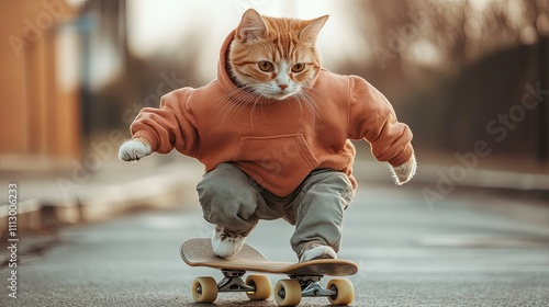 Orange Cat in Hoodie Skateboarding on Street