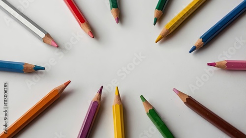 Colored pencils on white background. Close-up. Flatlay. Copy space 