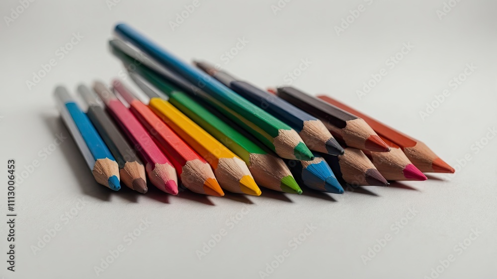 Colored pencils on white background. Close-up. Flatlay. Copy space Colored pencils on white background. Close-up. Flatlay. Copy space