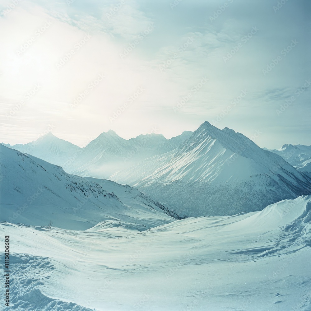 Serene Winter Mountain Range: Snow-Covered Peaks and Valley Serene Winter Mountain Range: Snow-Covered Peaks and Valley