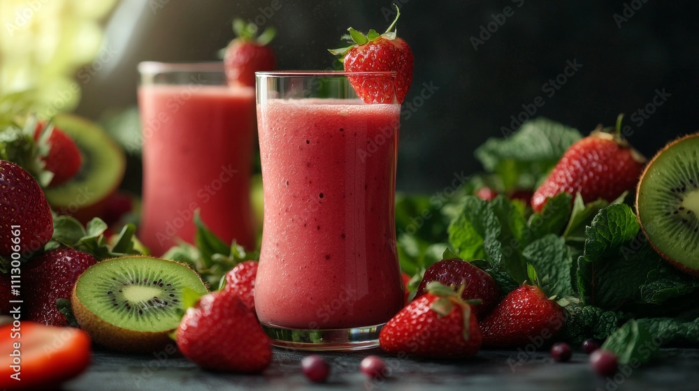 Fresh strawberry and kiwi smoothie with mint leaves Fresh strawberry and kiwi smoothie with mint leaves
