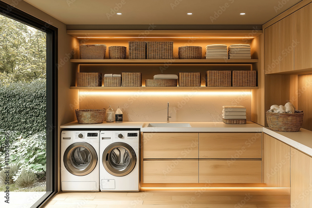Minimalist laundry room design features clean lines. Wooden cabinets, shelves with wicker baskets organize laundry supplies, neatly stacked towels. Modern appliances like washer, dryer showcased. Minimalist laundry room design features clean lines. Wooden cabinets, shelves with wicker baskets organize laundry supplies, neatly stacked towels. Modern appliances like washer, dryer showcased.
