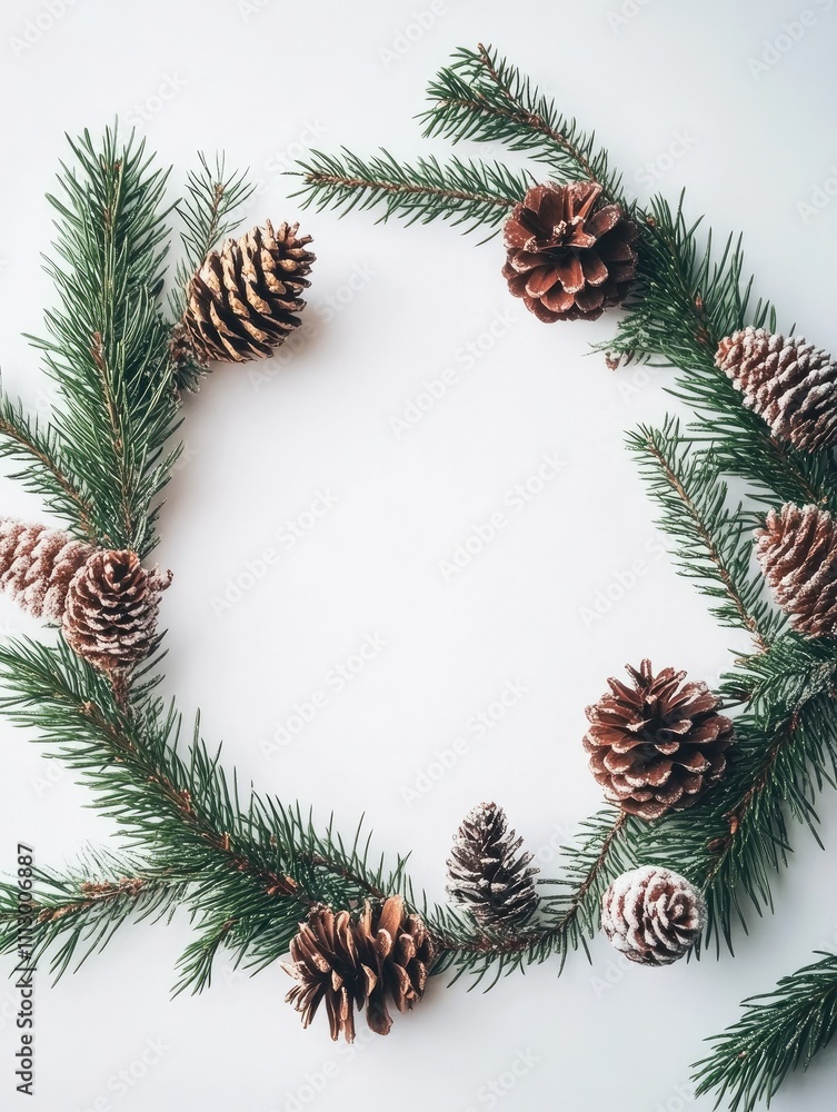 Fototapeta premium Winter Holiday Wreath: Evergreen Branches & Pine Cones