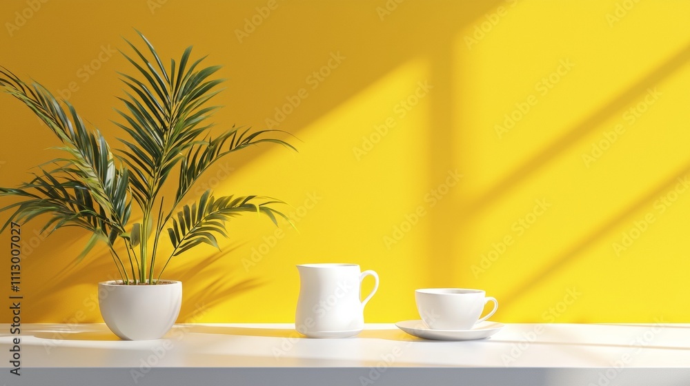 Minimalist decor with palm leaves on vibrant yellow wall Minimalist decor with palm leaves on vibrant yellow wall