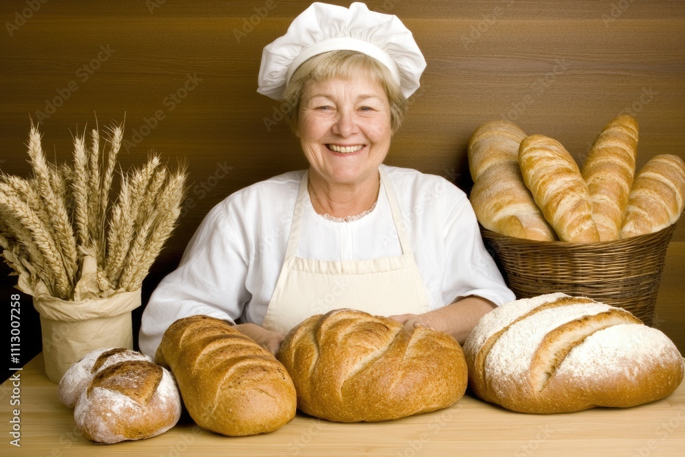 Elderly caucasian female baker smiling with fresh bread and wheat display Elderly caucasian female baker smiling with fresh bread and wheat display