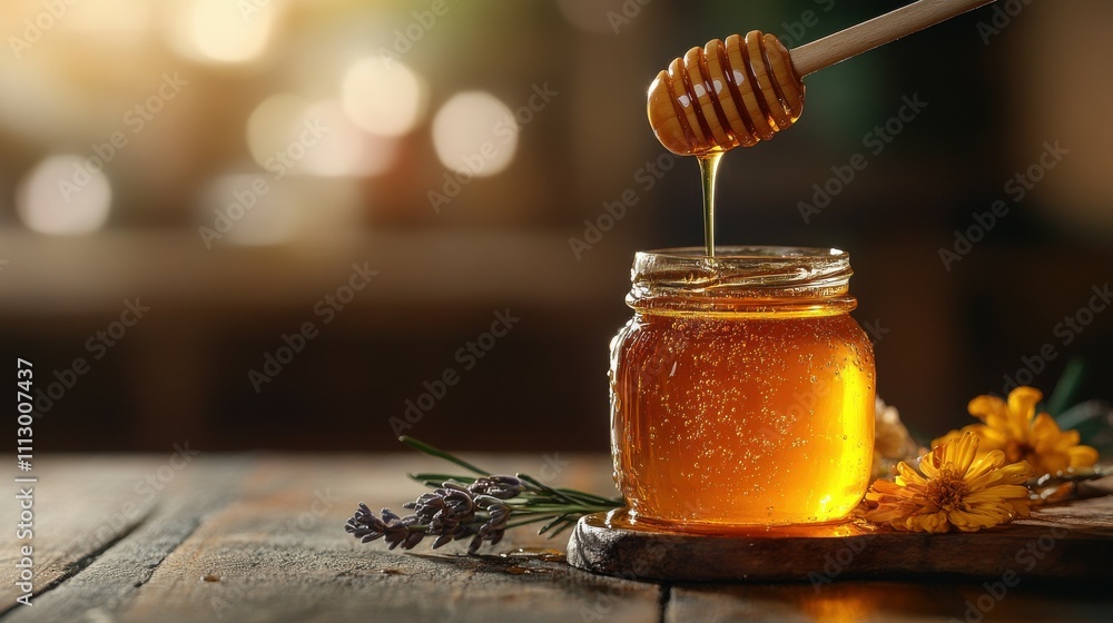Artistic scene of a honey dipper drizzling sweet honey from a jar, with warm colors and a rustic wooden table. Artistic scene of a honey dipper drizzling sweet honey from a jar, with warm colors and a rustic wooden table.