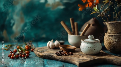 Rustic spices and herbs on wooden board with pottery photo