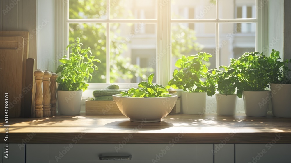 A peaceful kitchen window scene with sunlight streaming in, reflecting off a bowl of samani on a wooden counter. A peaceful kitchen window scene with sunlight streaming in, reflecting off a bowl of samani on a wooden counter.