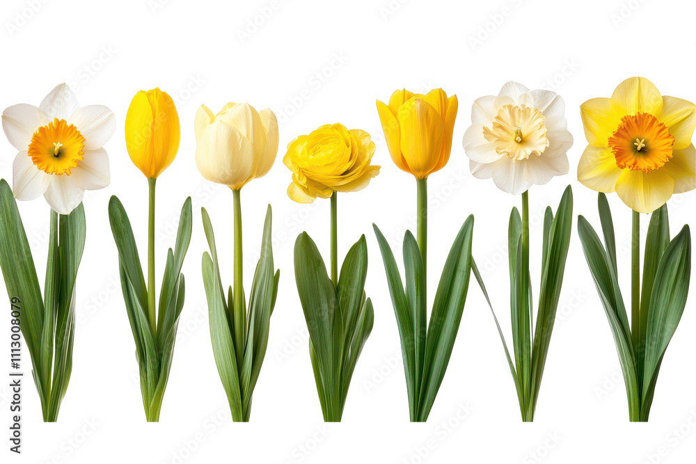 Arrangement of yellow flowers on an isolated white background