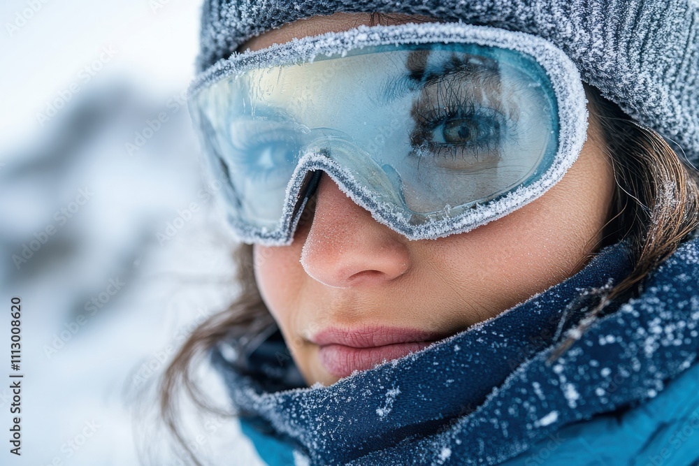 A beautiful woman in stylish winter gear gazes thoughtfully while wearing frosted goggles, against a stunning snowy mountain backdrop, embodying spirit and resilience. A beautiful woman in stylish winter gear gazes thoughtfully while wearing frosted goggles, against a stunning snowy mountain backdrop, embodying spirit and resilience.
