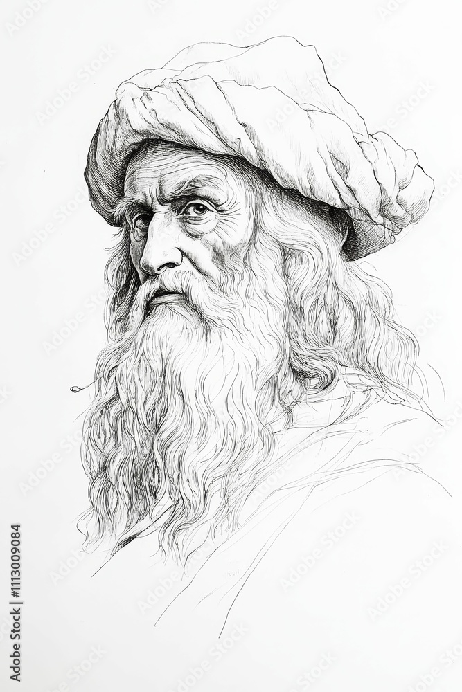 Obraz premium Pen-and-ink portrait, elderly man, head-and-shoulders, headdress.
