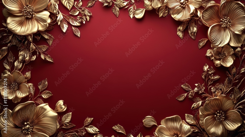 Elegant floral frame with golden flowers on a rich red background. Elegant floral frame with golden flowers on a rich red background.