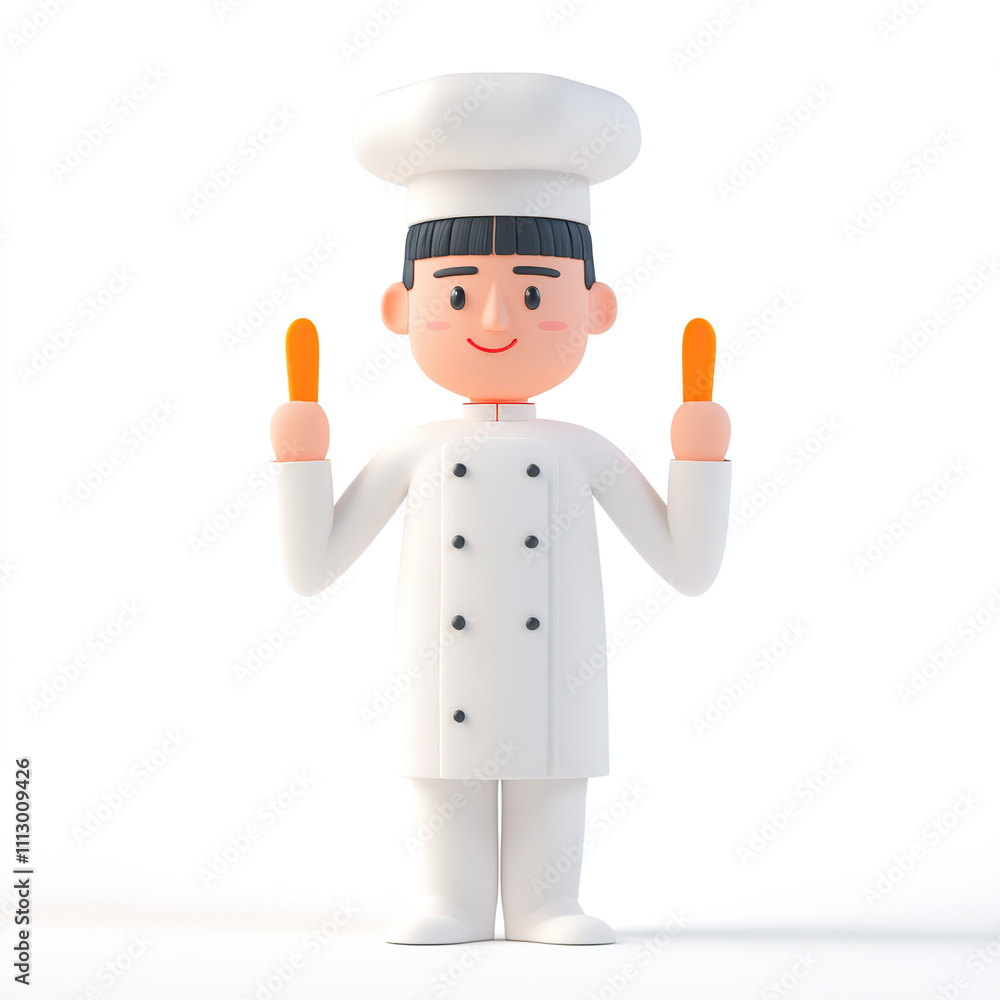A cartoon chef character holding two orange utensils, ready to cook. A cartoon chef character holding two orange utensils, ready to cook.