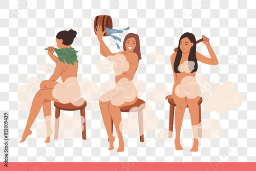 Woman visiting sauna or bathhouse sits naked on stool and douses herself with water or uses birch broom to obtain relaxing effect. Leaking girl finnish sauna visitor enjoying SPA treatments