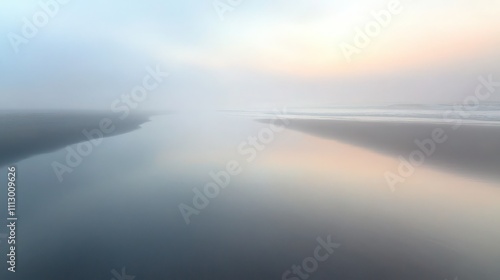 Foggy beach with smooth, wet sand reflecting the pastel colors of dawn, viewed from a low perspective.