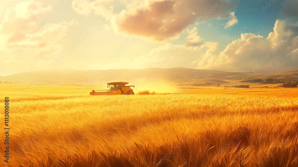 A combine harvester works in a golden wheat field under a vibrant sky at sunset.