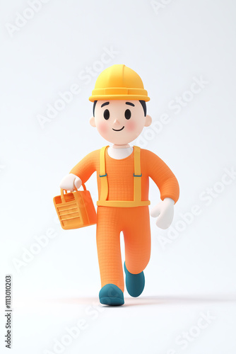 A cheerful cartoon construction worker in an orange outfit, holding a toolbox and smiling. photo